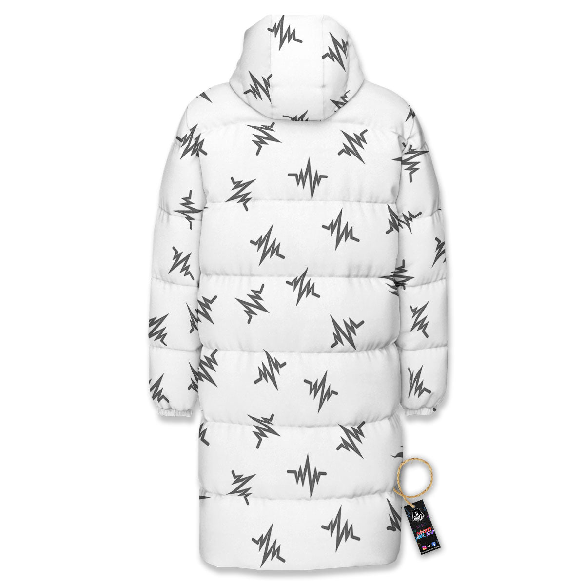 Heartbeat White And Black Print Pattern Long Down Jacket