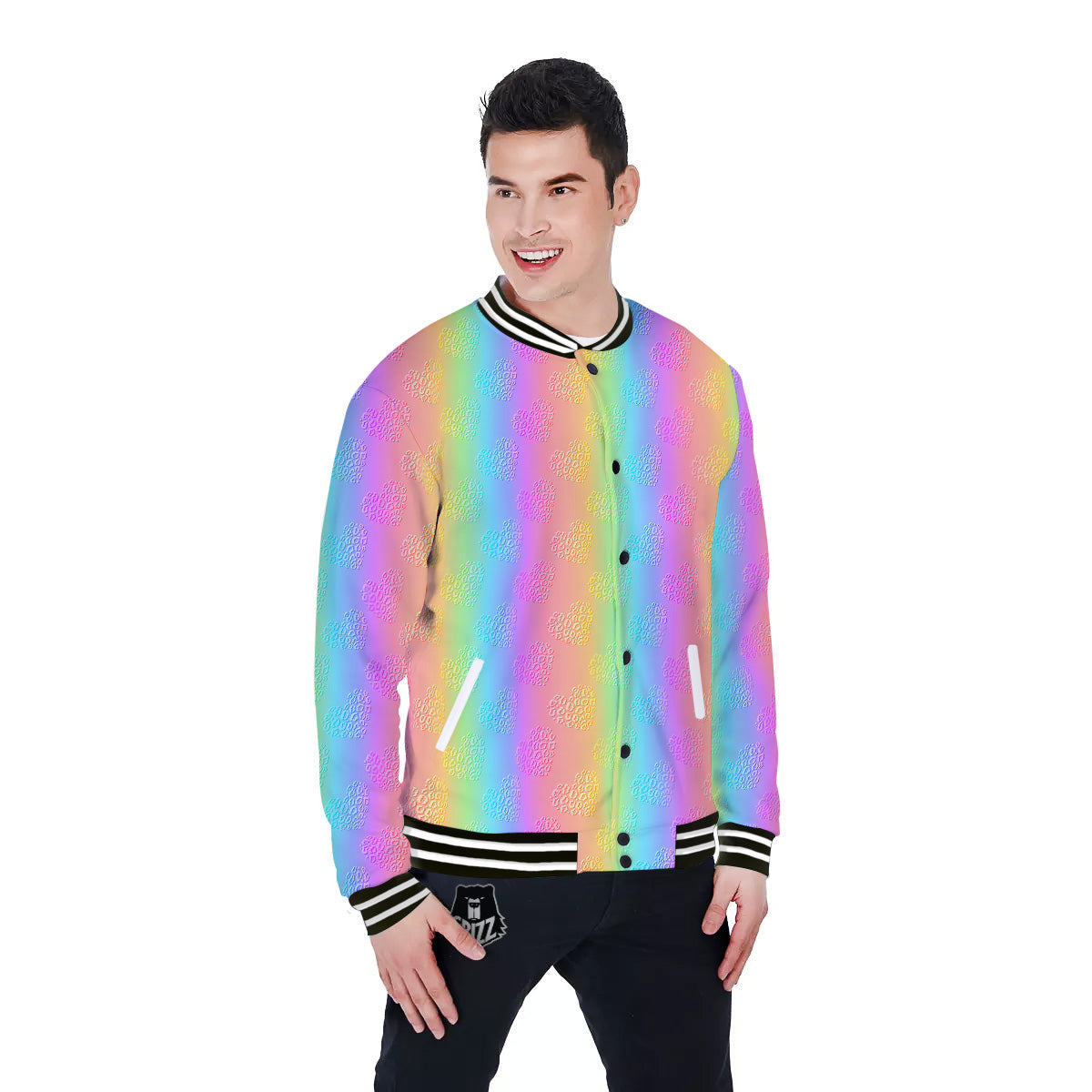 Hearts Rainbow Leopard Print Pattern Baseball Jacket-grizzshop