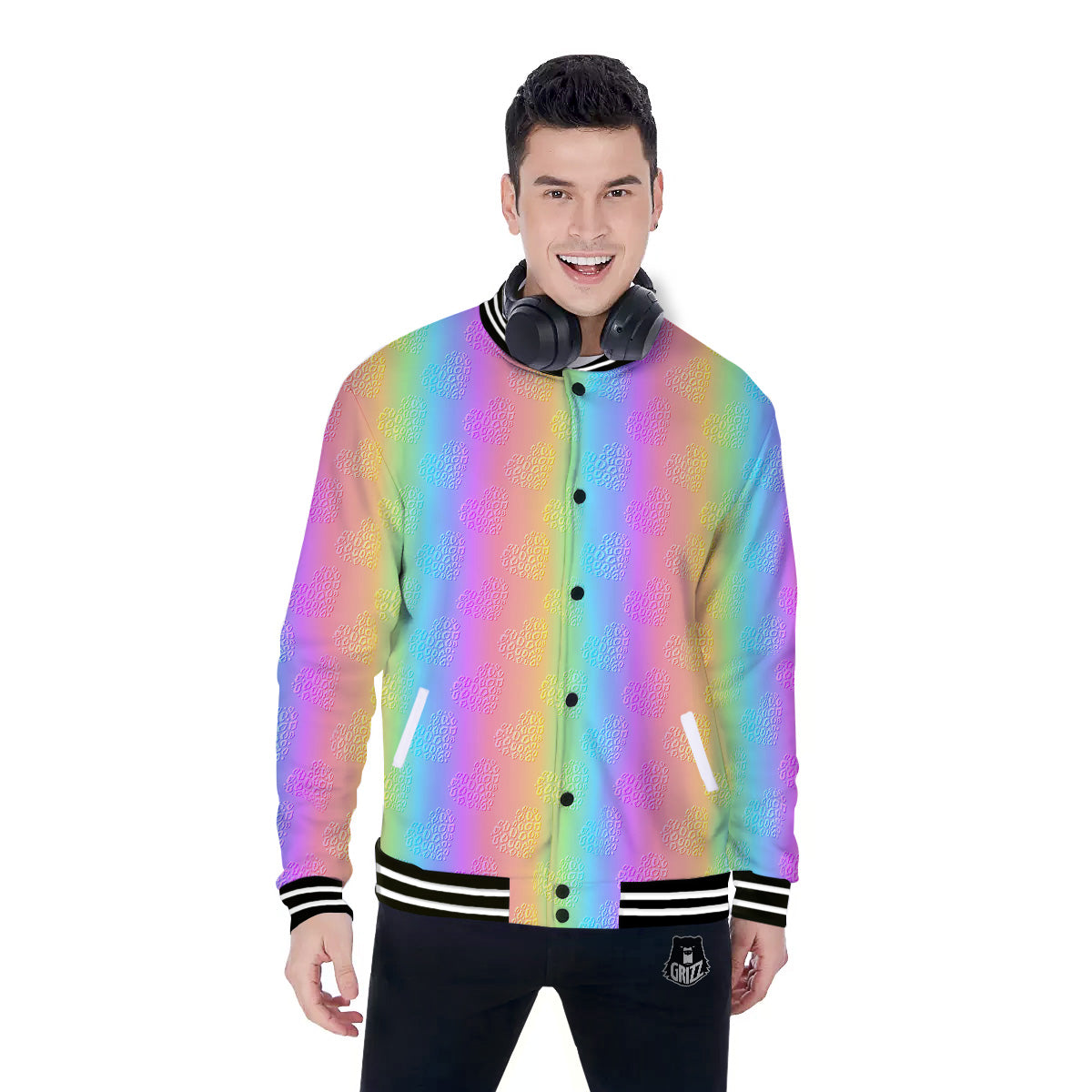 Hearts Rainbow Leopard Print Pattern Baseball Jacket-grizzshop