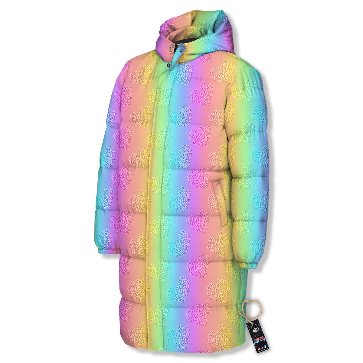 Hearts Rainbow Leopard Print Pattern Long Down Jacket-grizzshop