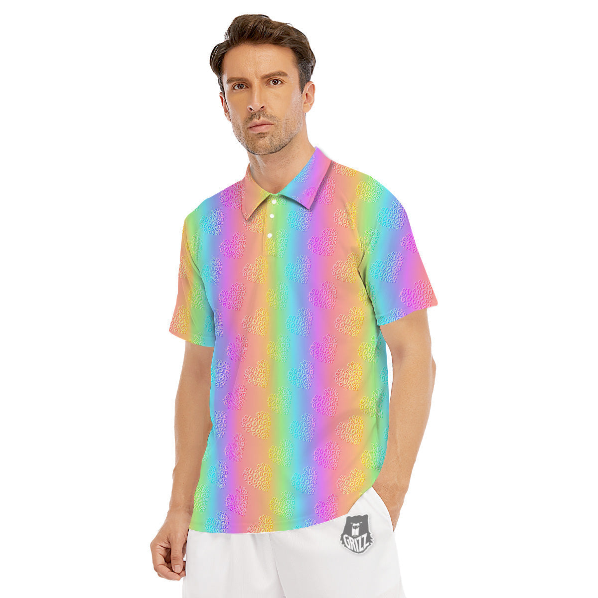 Hearts Rainbow Leopard Print Pattern Men's Golf Shirts-grizzshop