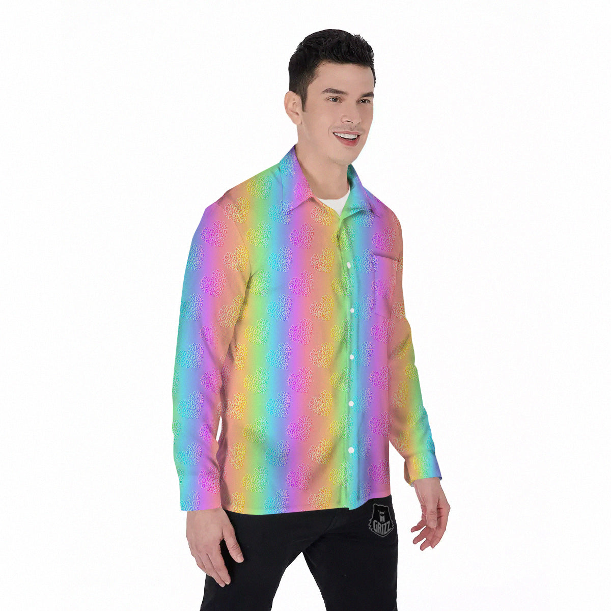 Hearts Rainbow Leopard Print Pattern Men's Long Sleeve Shirts-grizzshop