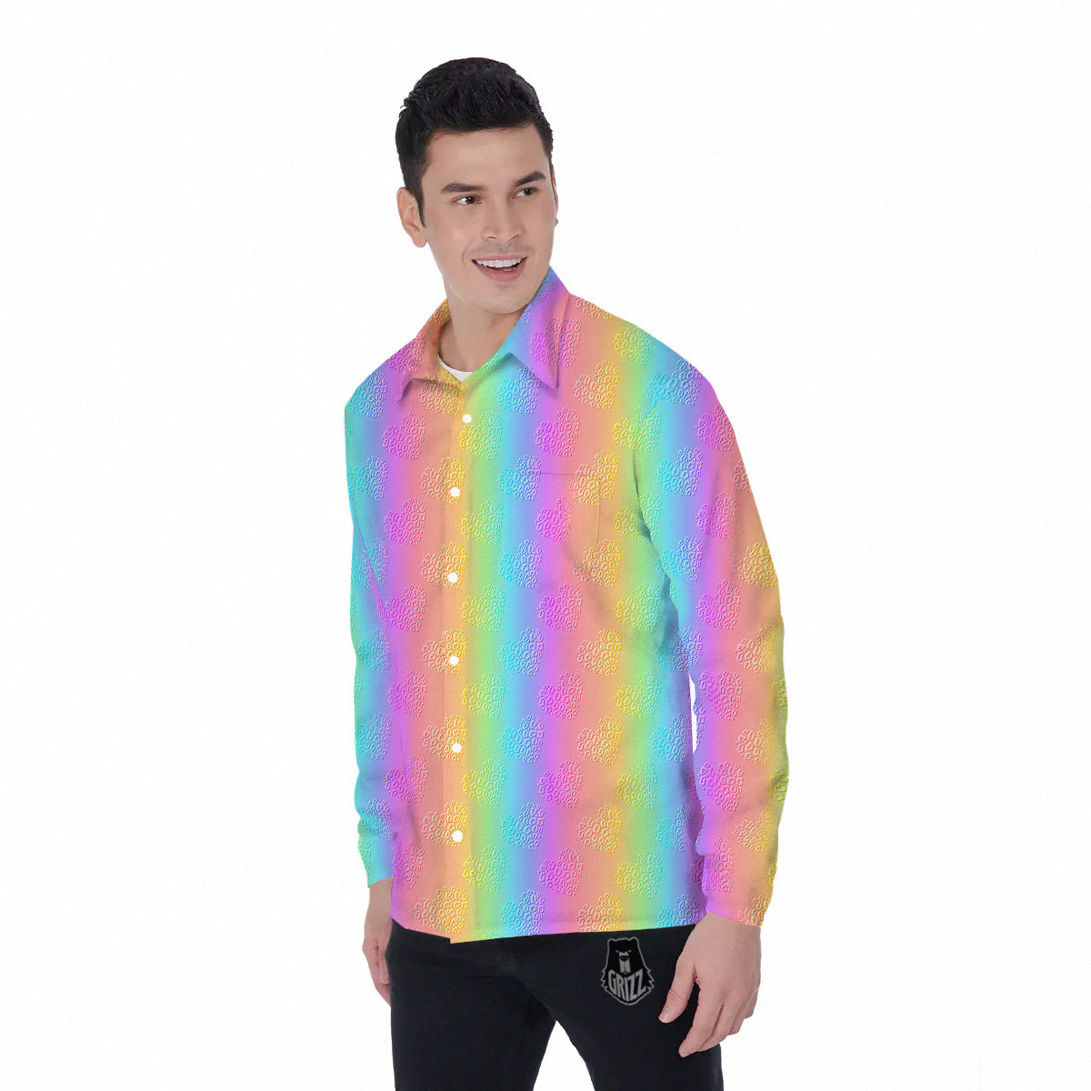 Hearts Rainbow Leopard Print Pattern Men's Long Sleeve Shirts-grizzshop