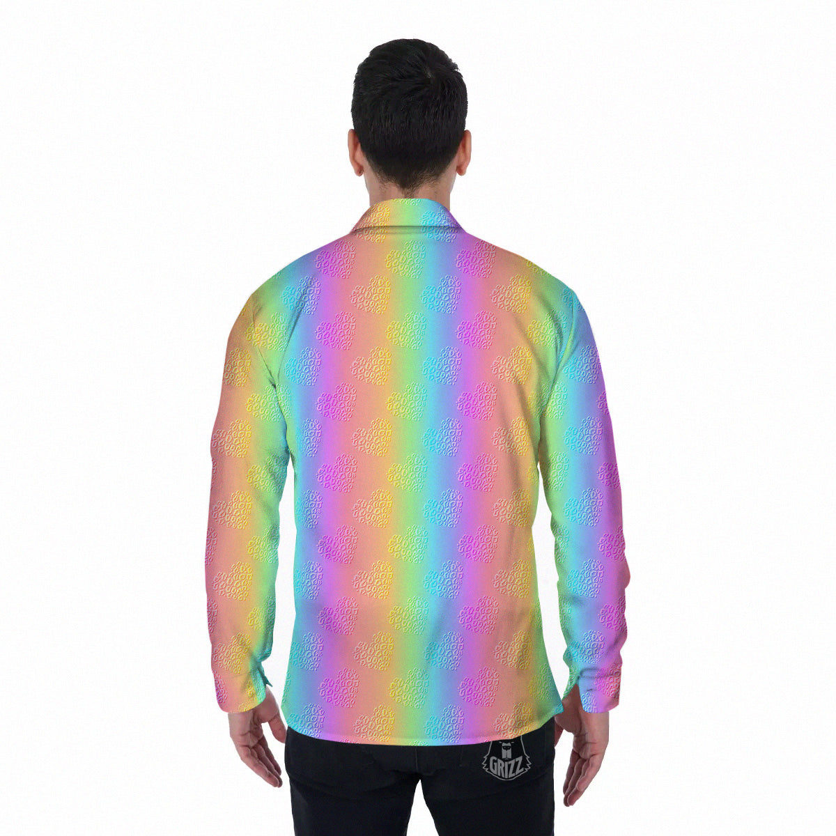 Hearts Rainbow Leopard Print Pattern Men's Long Sleeve Shirts-grizzshop
