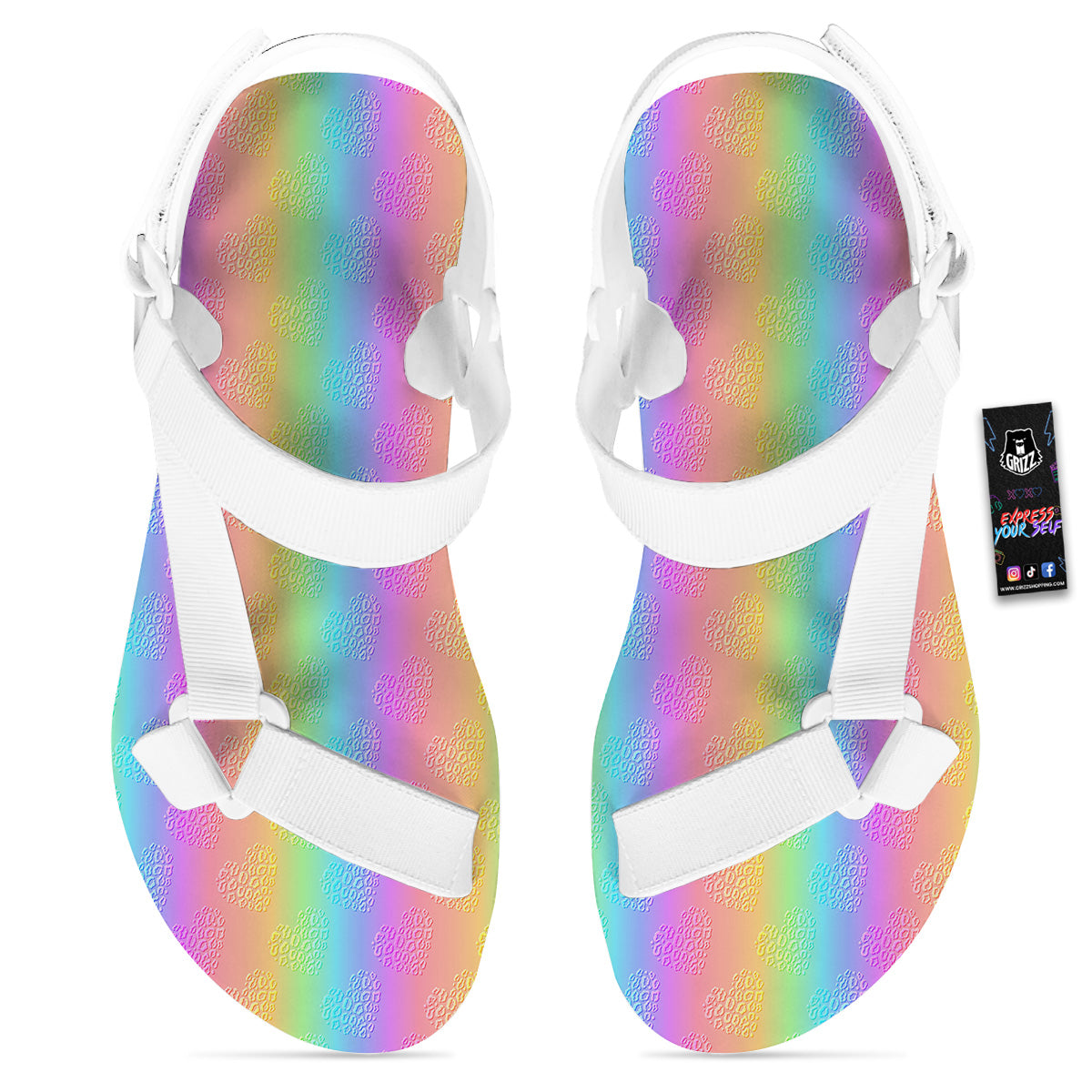 Hearts Rainbow Leopard Print Pattern White Open Toe Sandals-grizzshop