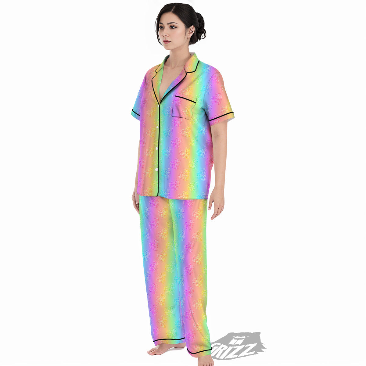 Hearts Rainbow Leopard Print Pattern Women's Pajamas Set-grizzshop