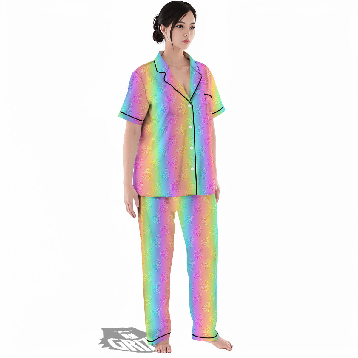 Hearts Rainbow Leopard Print Pattern Women's Pajamas Set-grizzshop