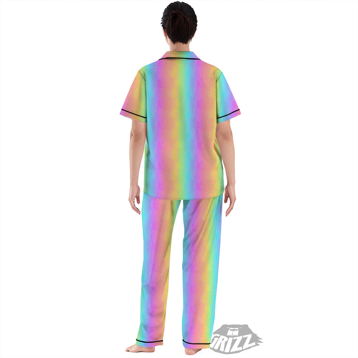 Hearts Rainbow Leopard Print Pattern Women's Pajamas Set-grizzshop