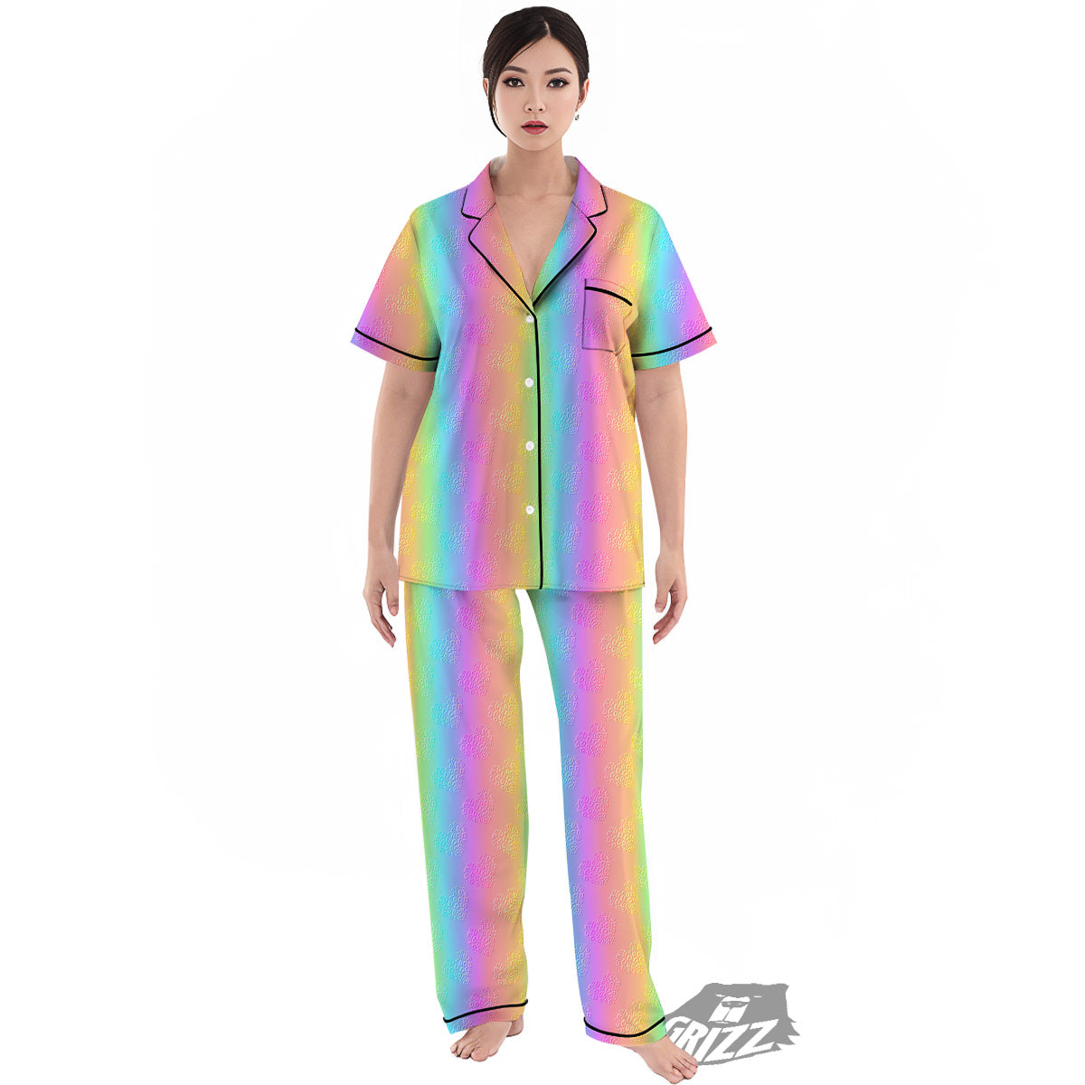 Hearts Rainbow Leopard Print Pattern Women's Pajamas Set-grizzshop