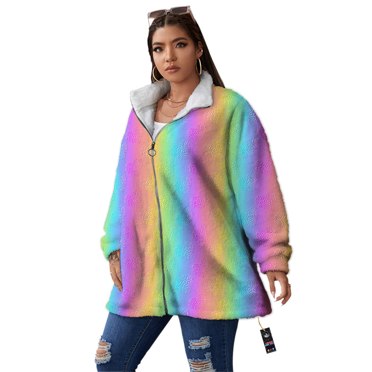 Hearts Rainbow Leopard Print Pattern Women's Sherpa Jacket-grizzshop