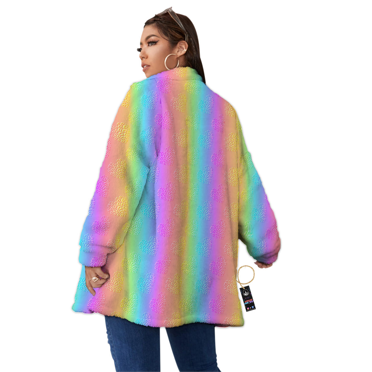 Hearts Rainbow Leopard Print Pattern Women's Sherpa Jacket-grizzshop