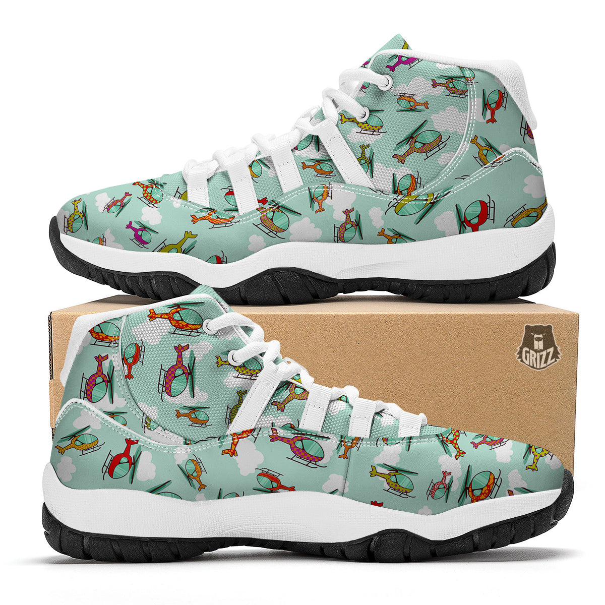 Helicopter On Green Sky Print Pattern White Bball Shoes-grizzshop