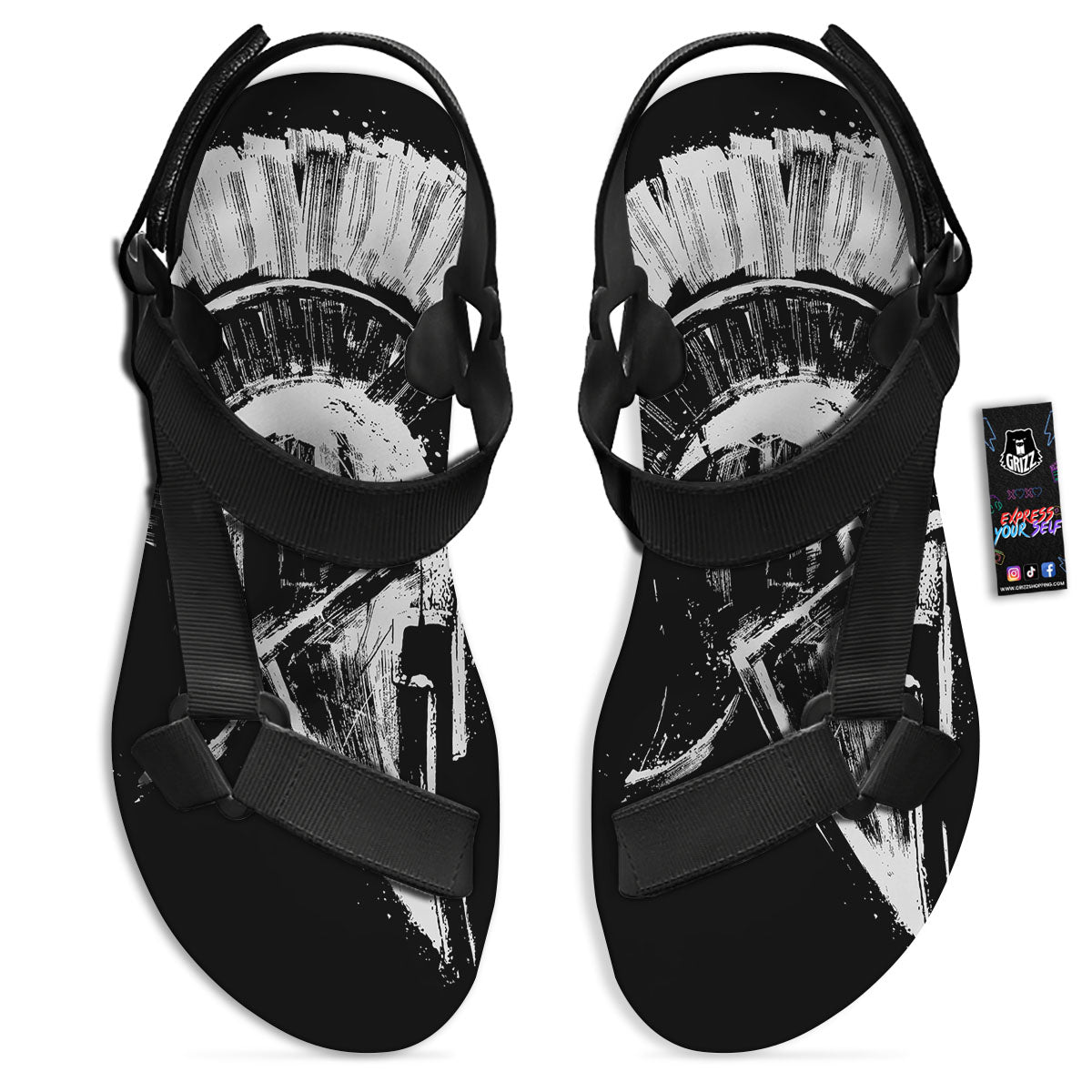 Helmet Ancient Spartan Print Black Open Toe Sandals-grizzshop