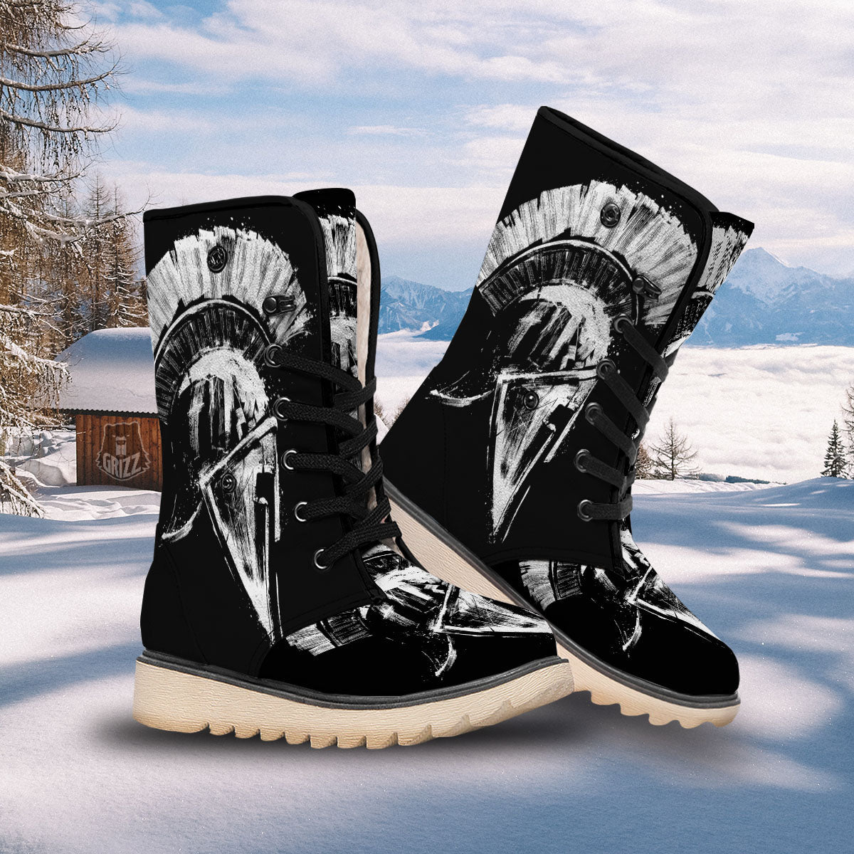 Helmet Ancient Spartan Print Snow Boots-grizzshop