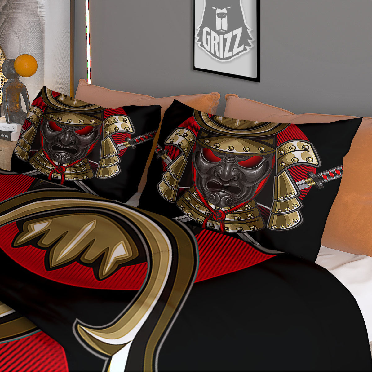 Helmet Japanese Samurai Print Duvet Cover Bedding Set