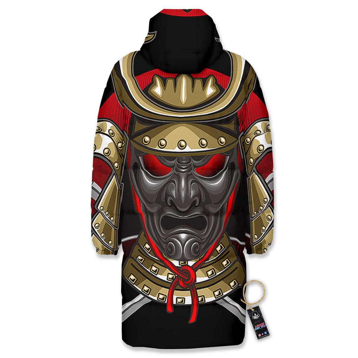 Helmet Japanese Samurai Print Long Down Jacket-grizzshop
