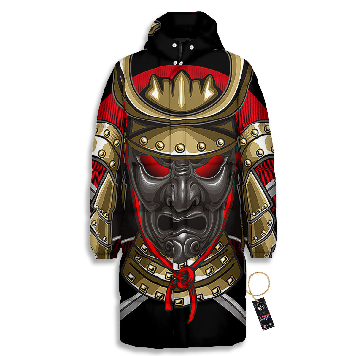 Helmet Japanese Samurai Print Long Down Jacket-grizzshop