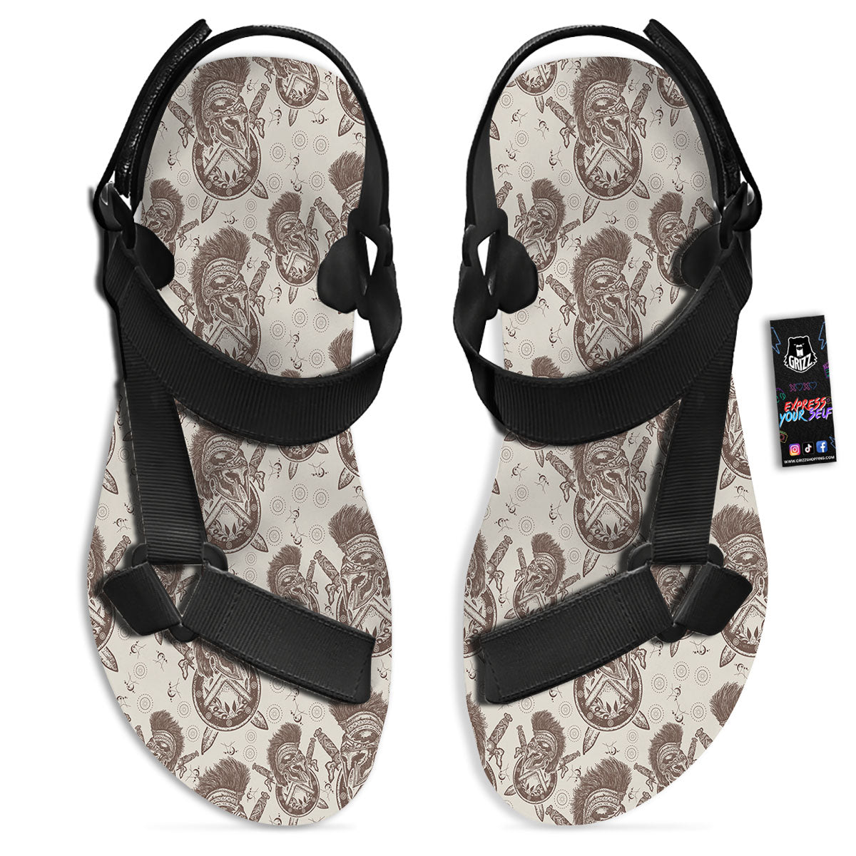 Helmet Spartan Warrior Print Pattern Black Open Toe Sandals-grizzshop