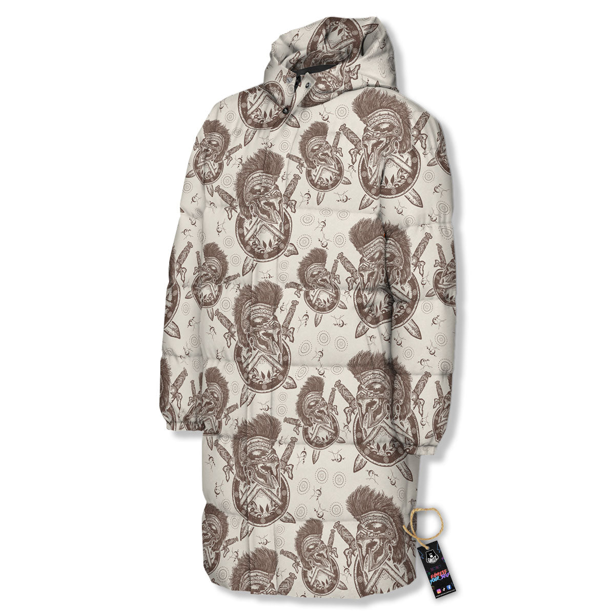 Helmet Spartan Warrior Print Pattern Long Down Jacket-grizzshop