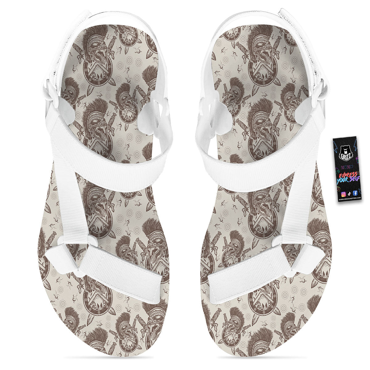 Helmet Spartan Warrior Print Pattern White Open Toe Sandals-grizzshop
