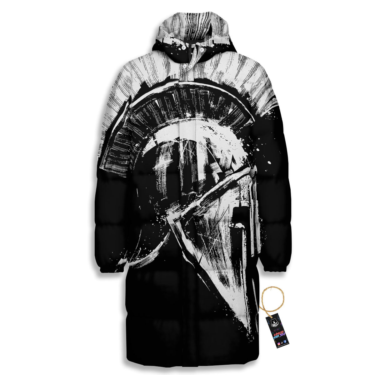 Helmet Ancient Spartan Print Long Down Jacket