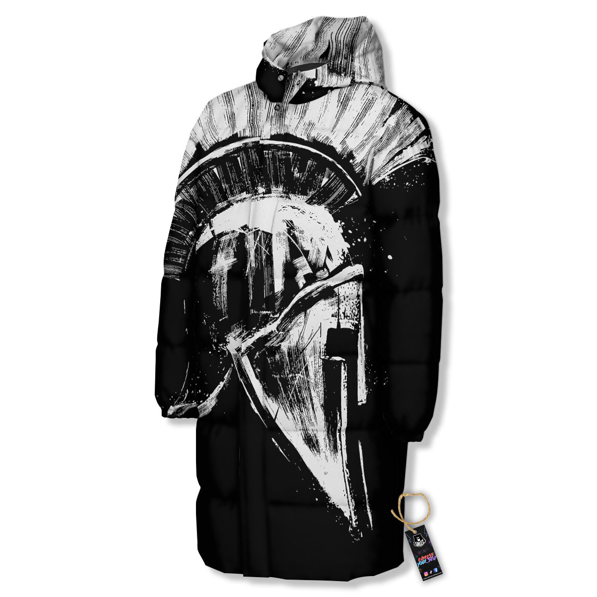Helmet Ancient Spartan Print Long Down Jacket