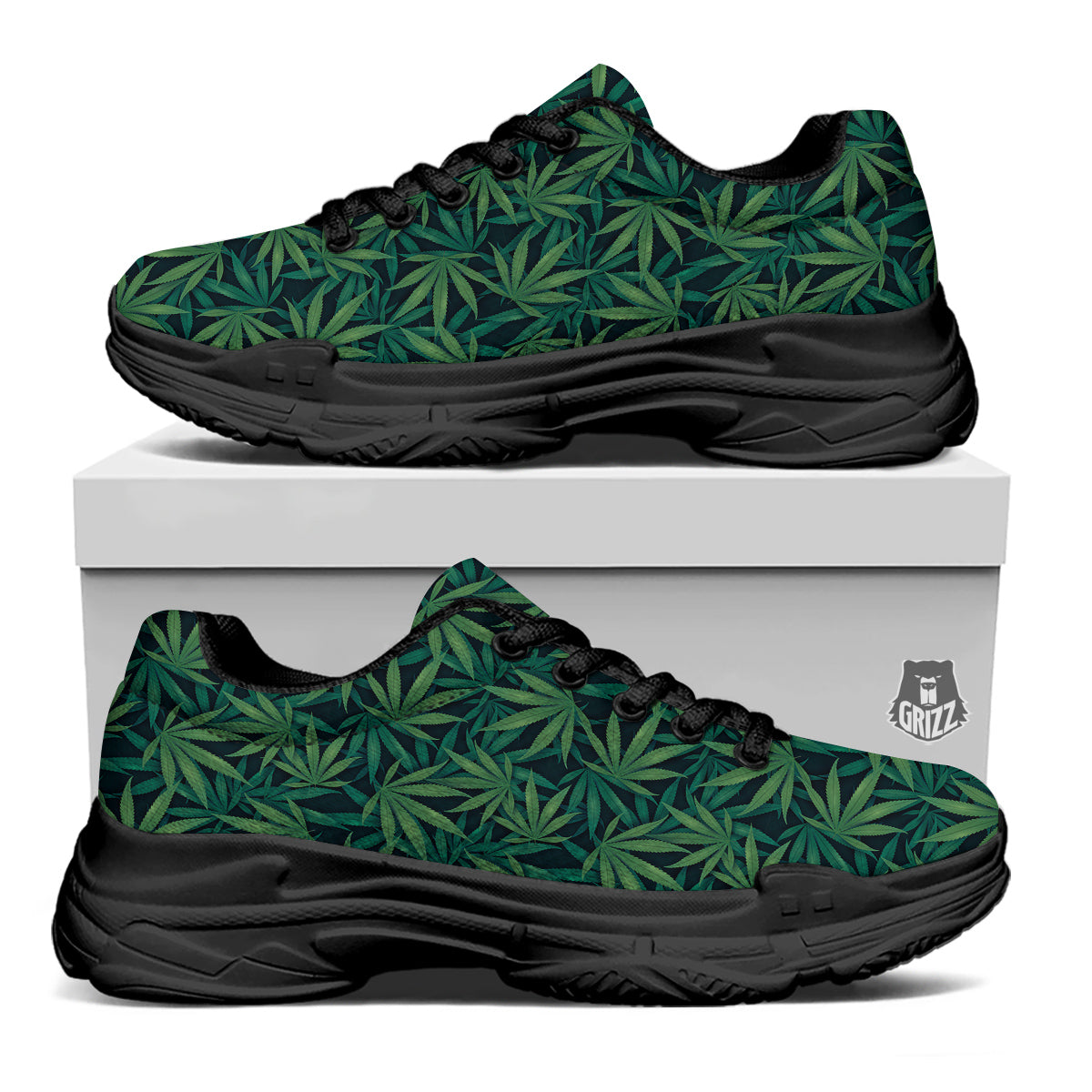 Hemp Dark Green Print Pattern Black Chunky Shoes-grizzshop