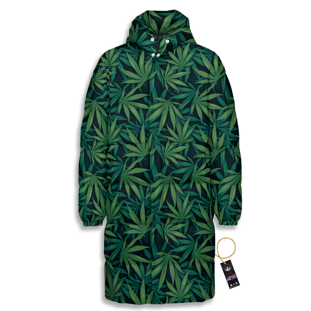 Hemp Dark Green Print Pattern Long Down Jacket-grizzshop