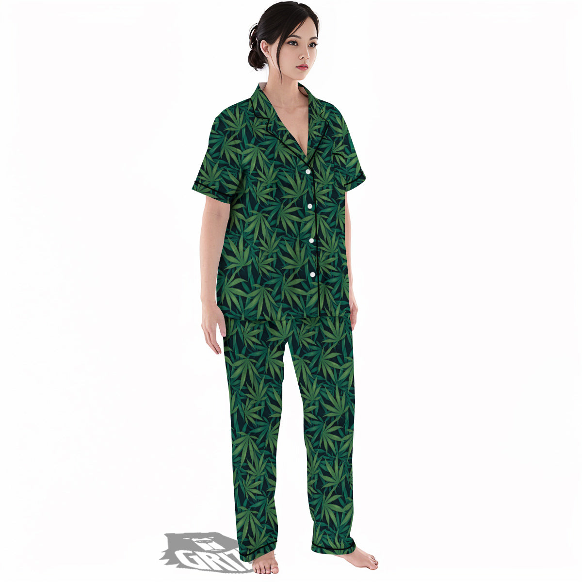 Hemp Dark Green Print Pattern Women's Pajamas Set-grizzshop