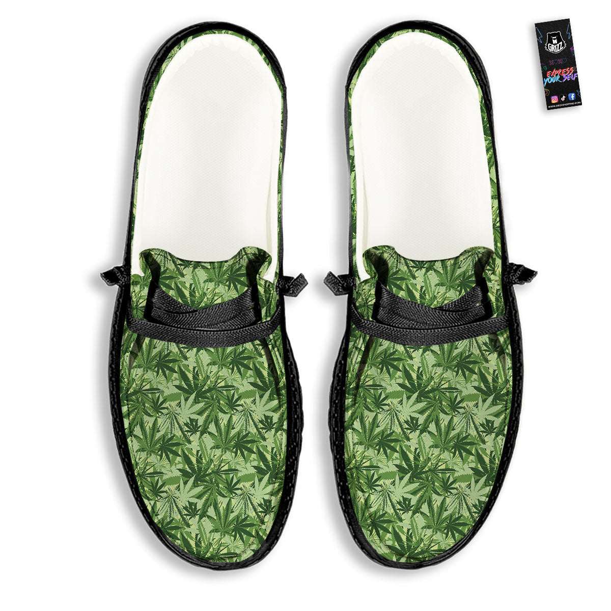 Hemp Leaf Print Pattern Black Loafers-grizzshop
