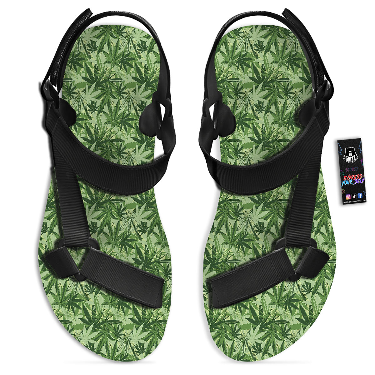 Hemp Leaf Print Pattern Black Open Toe Sandals-grizzshop