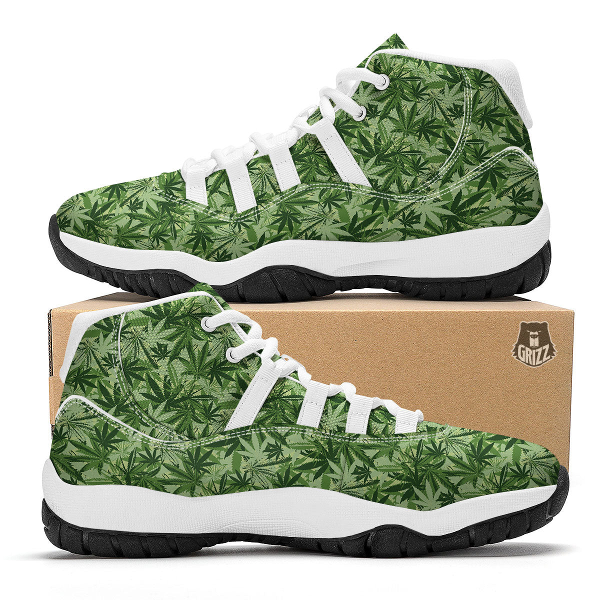 Hemp Leaf Print Pattern White Bball Shoes-grizzshop