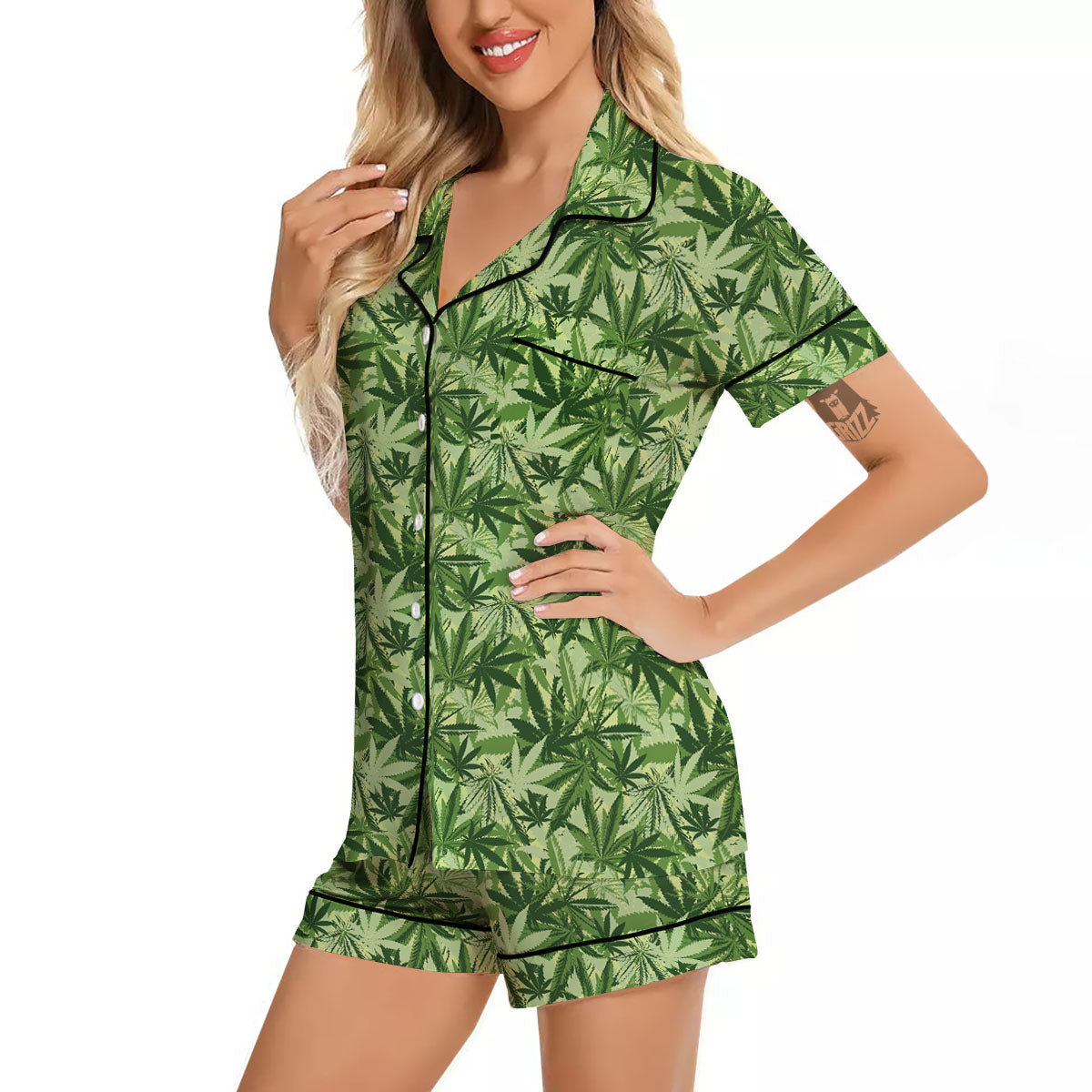 Hemp Leaf Print Pattern Women Silk Pajamas-grizzshop