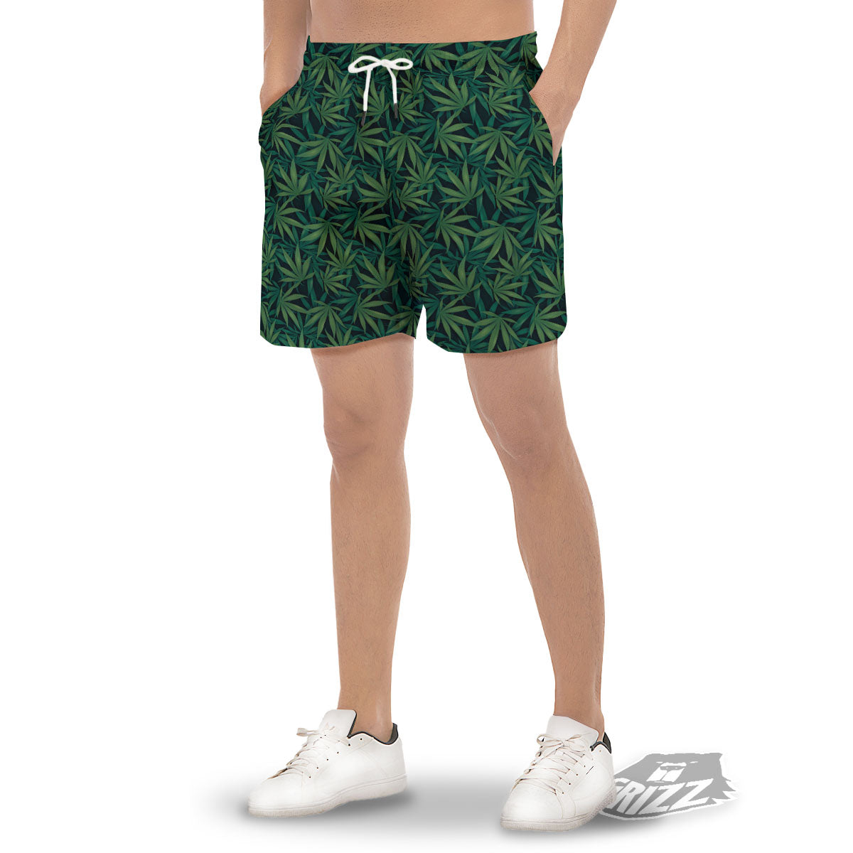 Hemp Leaves Green Print Pattern Men's Gym Shorts-grizzshop