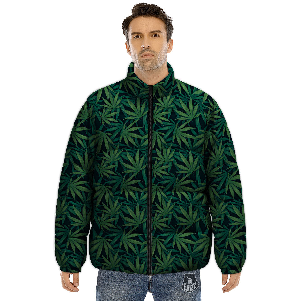 Hemp Leaves Green Print Pattern Puffer Jacket-grizzshop