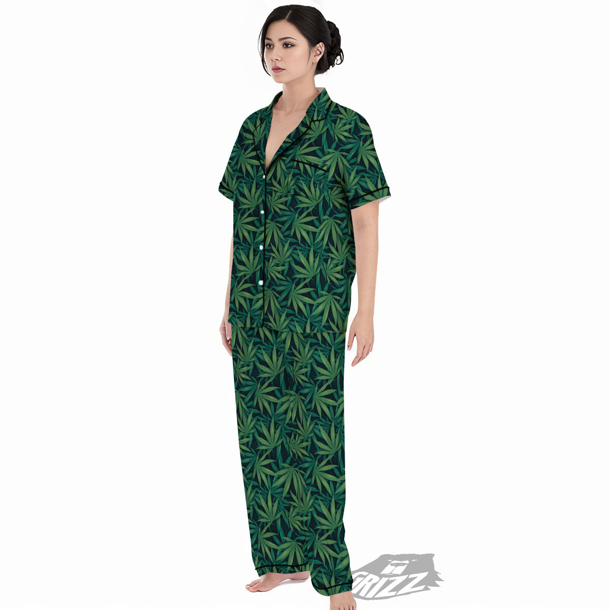 Hemp Leaves Green Print Pattern Women's Pajamas Set-grizzshop