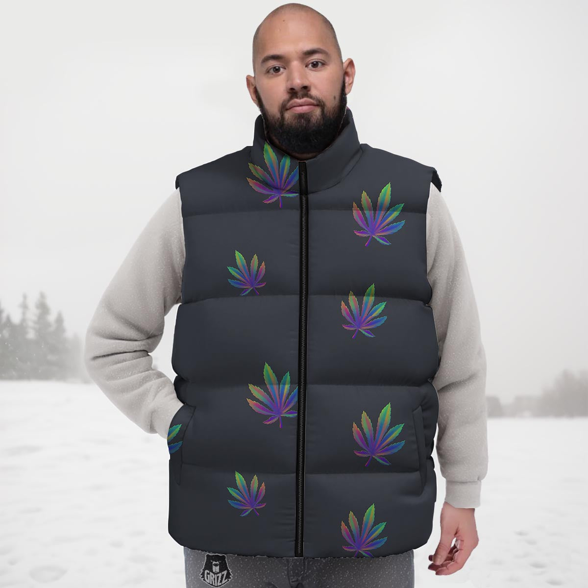 Hemp Leaves Reggae Trippy Print Pattern Down Vest-grizzshop