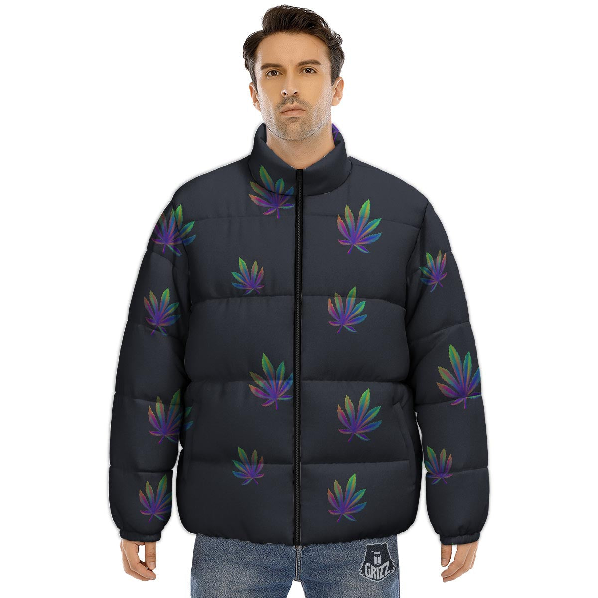 Hemp Leaves Reggae Trippy Print Pattern Puffer Jacket-grizzshop