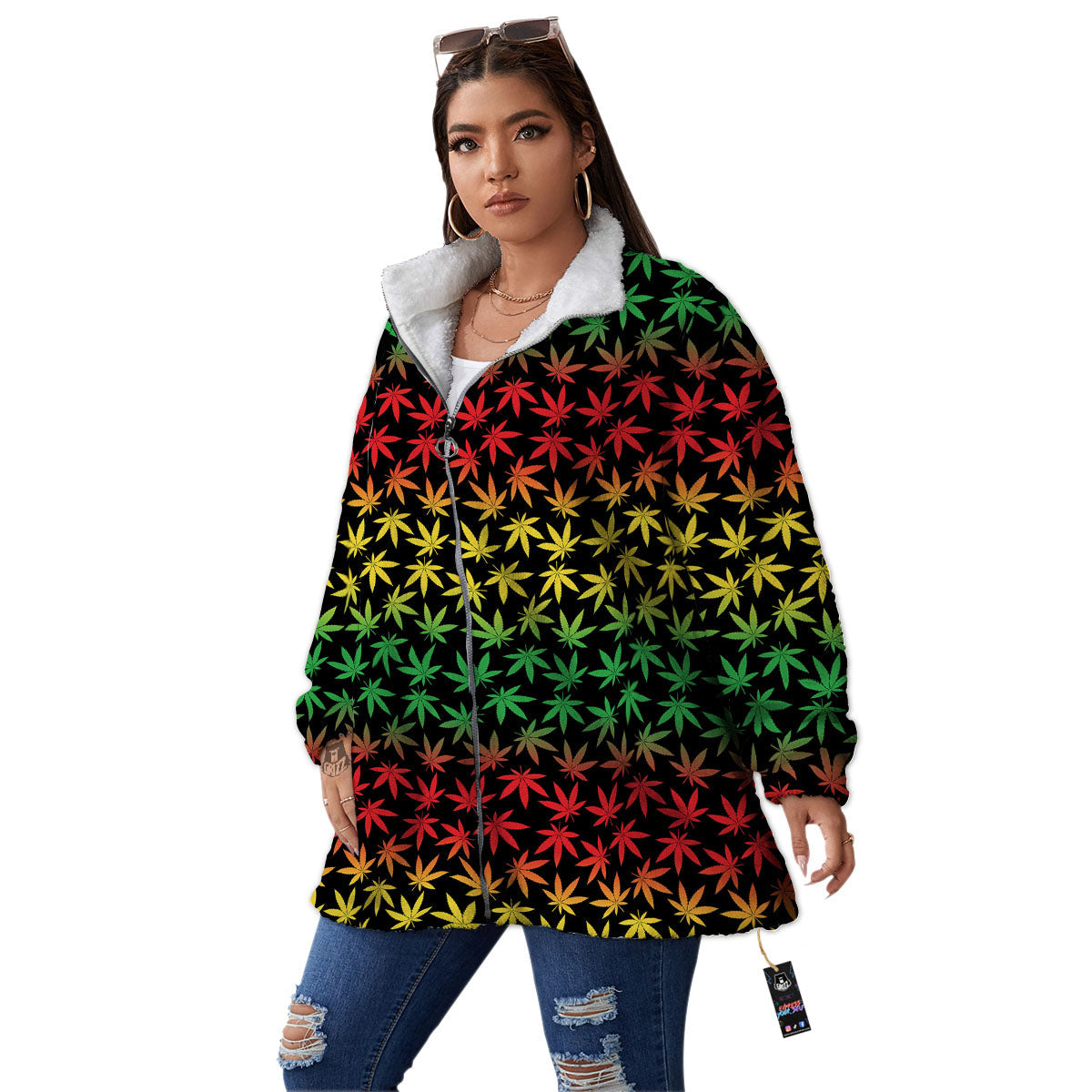 Hemp Rastafarian Print Pattern Women's Sherpa Jacket-grizzshop