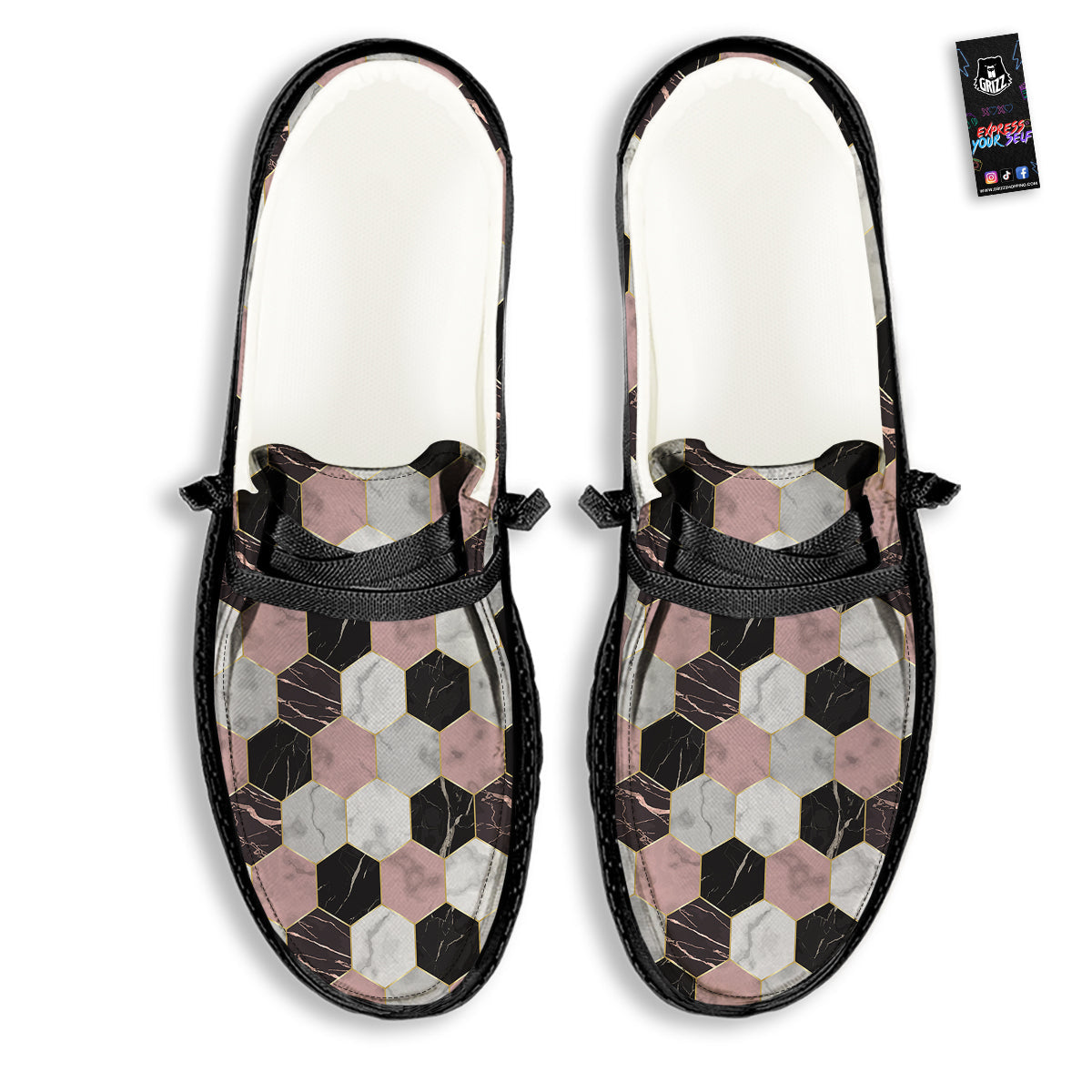 Hexagon Marble White Pink And Black Print Black Loafers-grizzshop