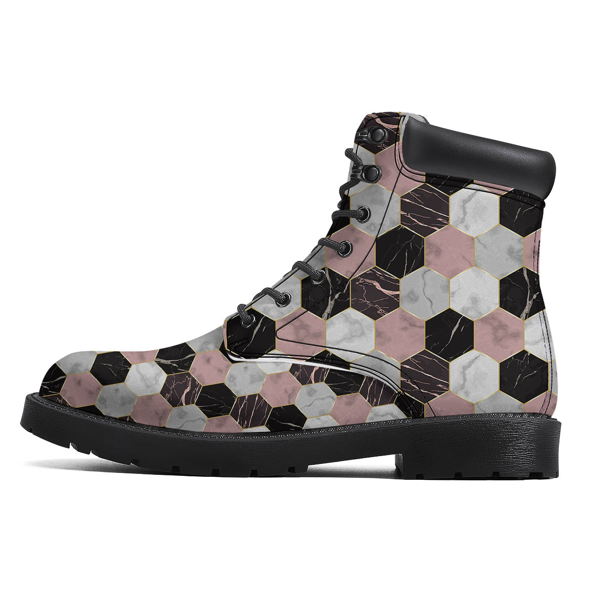Hexagon Marble White Pink And Black Print Boots-grizzshop