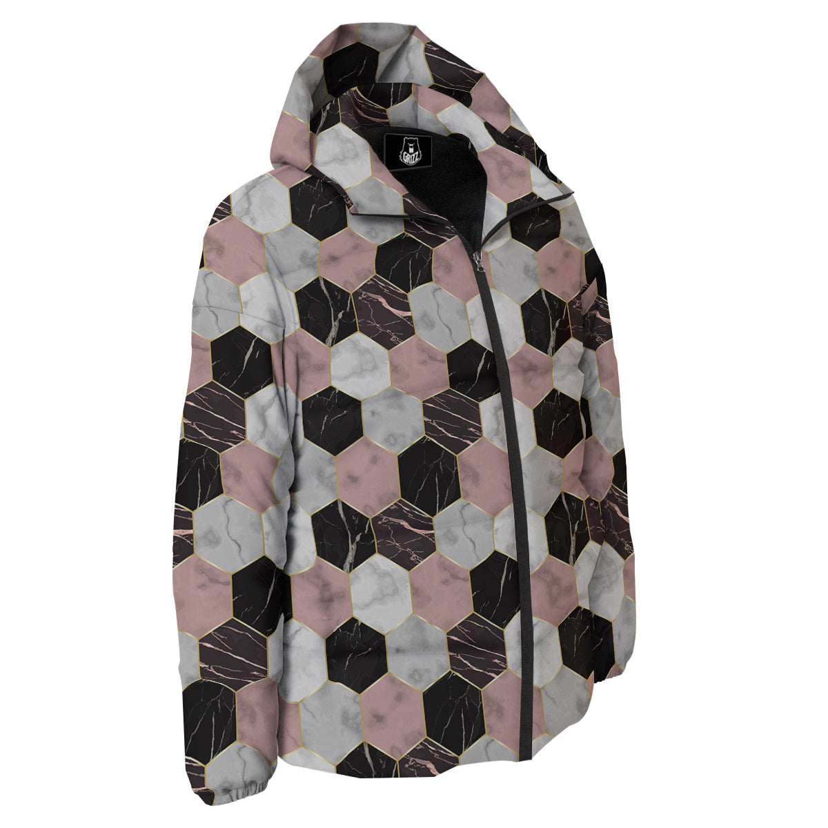 Hexagon Marble White Pink And Black Print Down Jacket-grizzshop