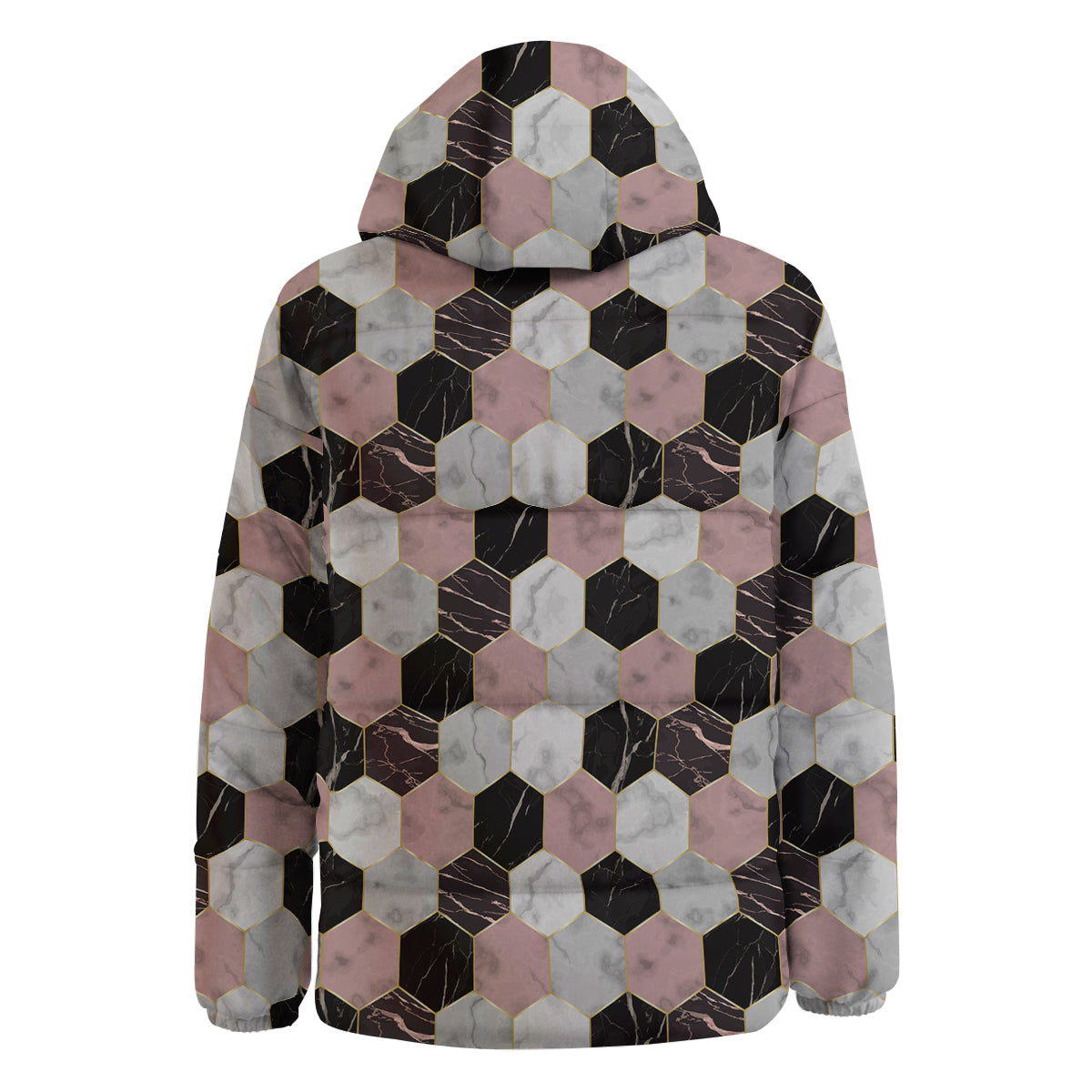 Hexagon Marble White Pink And Black Print Down Jacket-grizzshop
