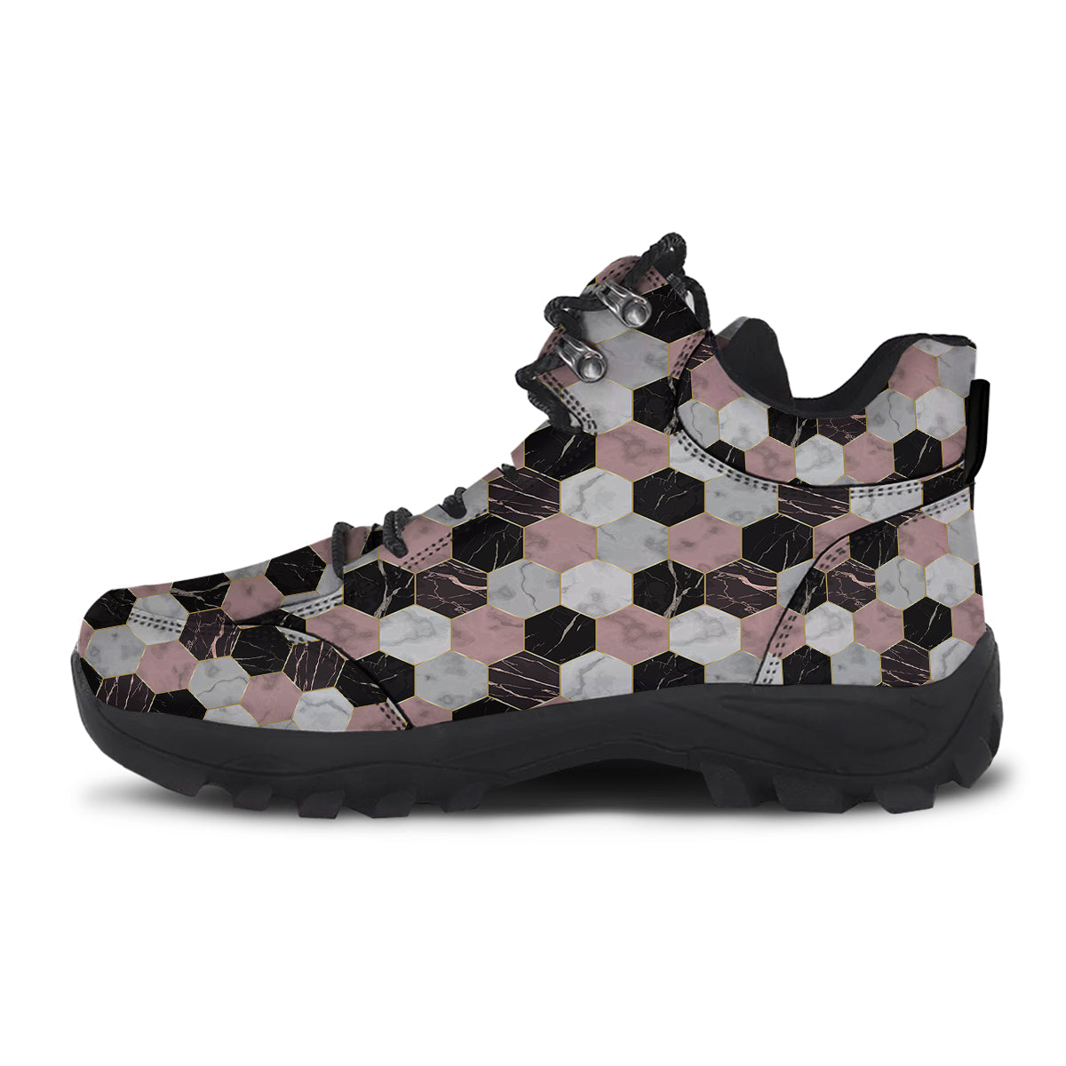 Hexagon Marble White Pink And Black Print Hiking Shoes-grizzshop
