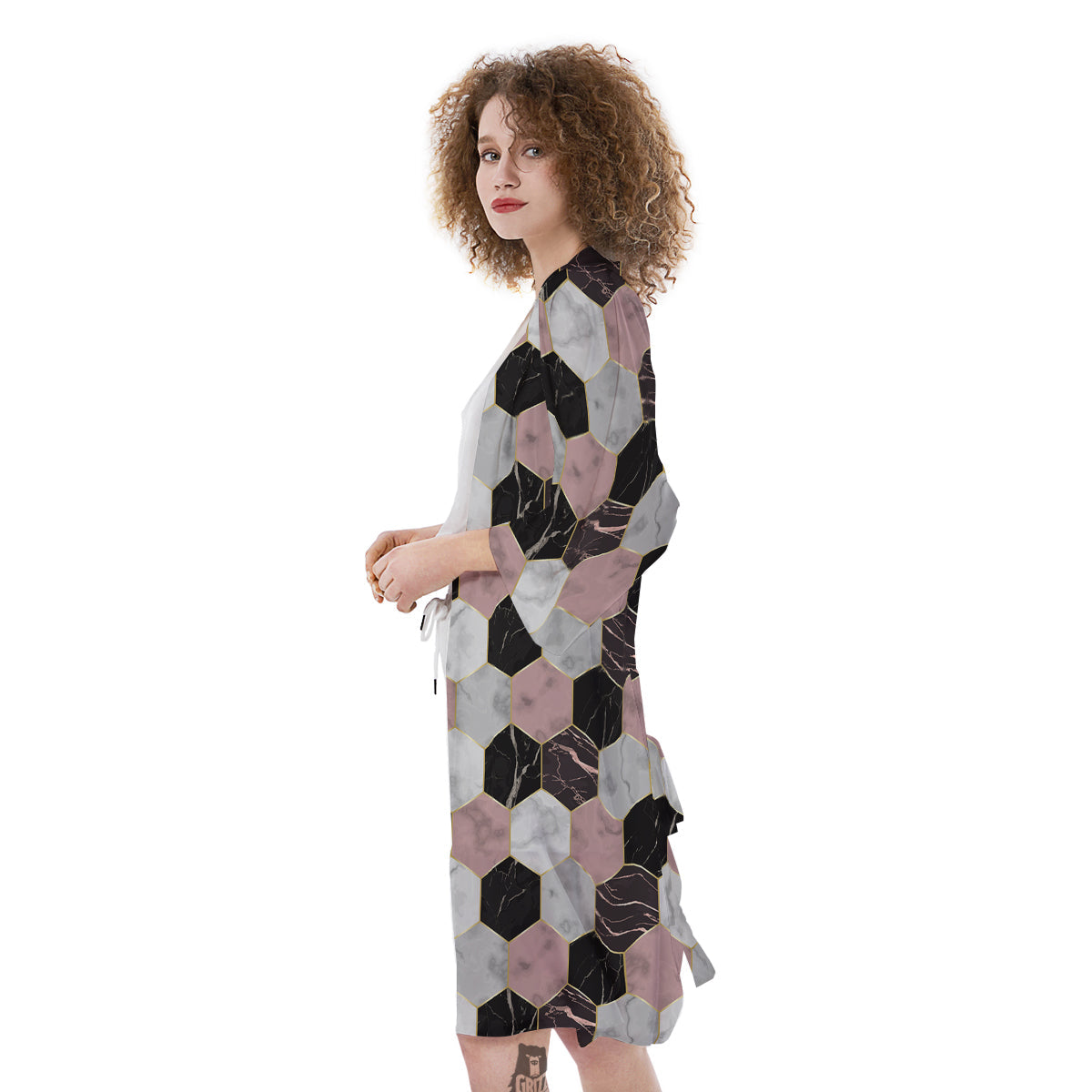Hexagon Marble White Pink And Black Print Kimono-grizzshop