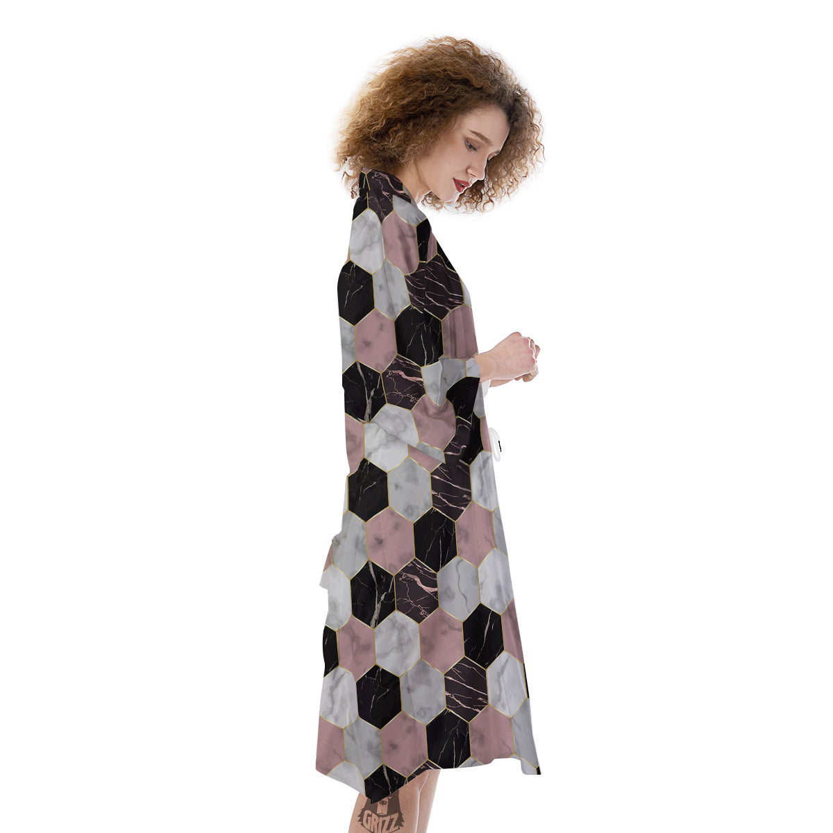 Hexagon Marble White Pink And Black Print Kimono-grizzshop