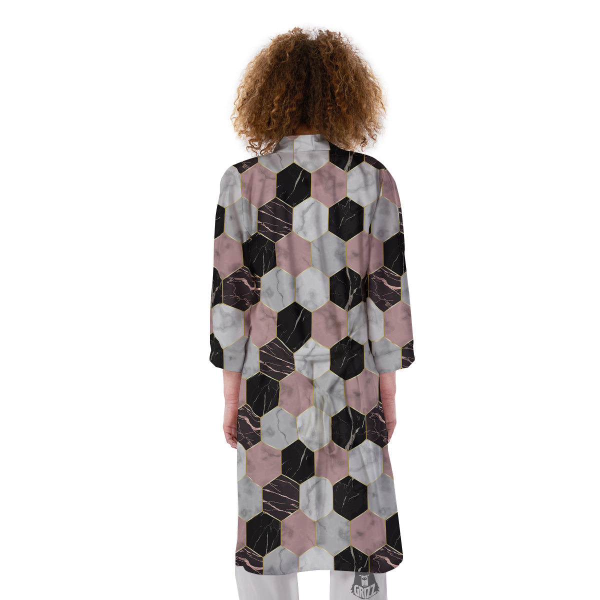Hexagon Marble White Pink And Black Print Kimono-grizzshop