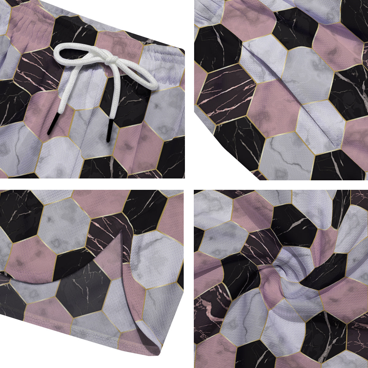 Hexagon Marble White Pink And Black Print Men's Running Shorts-grizzshop
