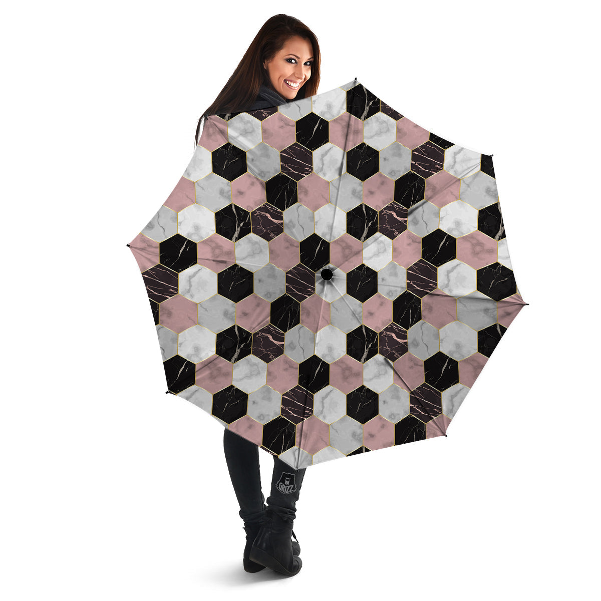 Hexagon Marble White Pink And Black Print Umbrella-grizzshop