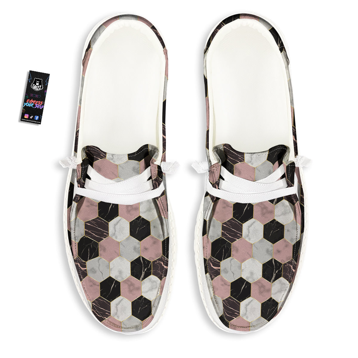 Hexagon Marble White Pink And Black Print White Loafers-grizzshop